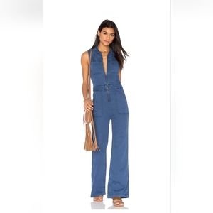 Free People The Wind and More Retro Denim Flare Jumpsuit size 12 Zip Fro…